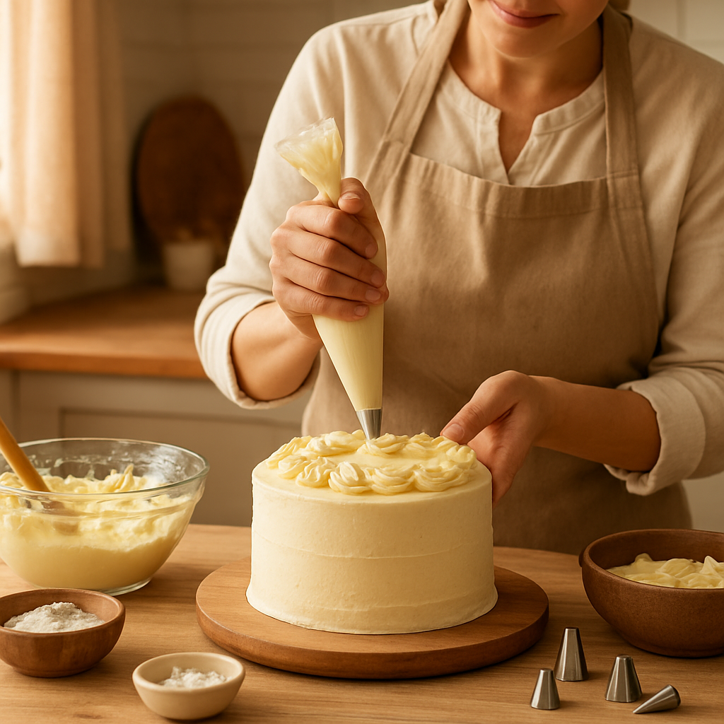 A baker teaching cake decorating during a baking lesson